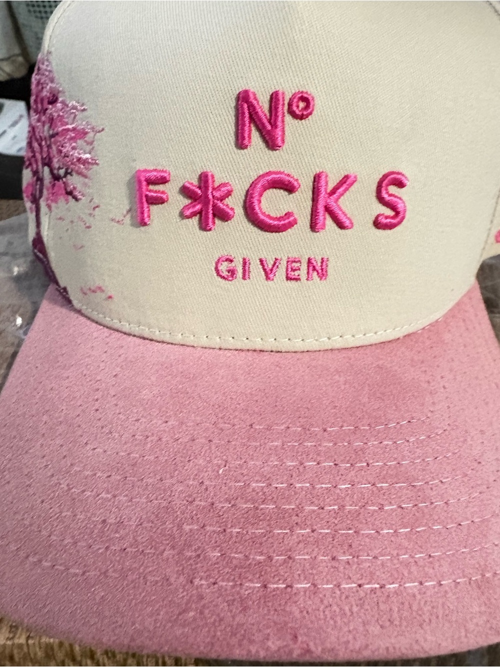 Pink Embroidered Slogan Trucker Hat - 'No F*cks Given'